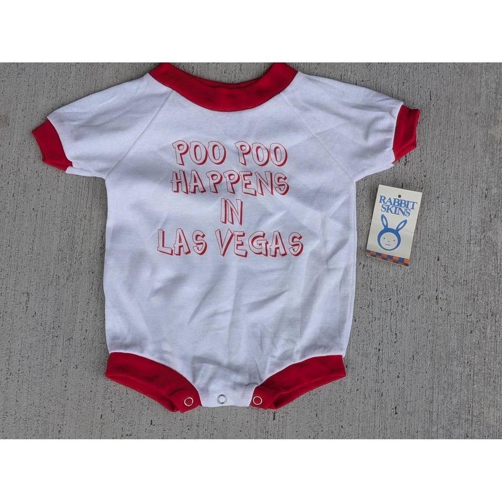 VTG Rabbit Skins Romper Boys 12 Month White Poo Poo Las Vegas Baby One Piece 80s